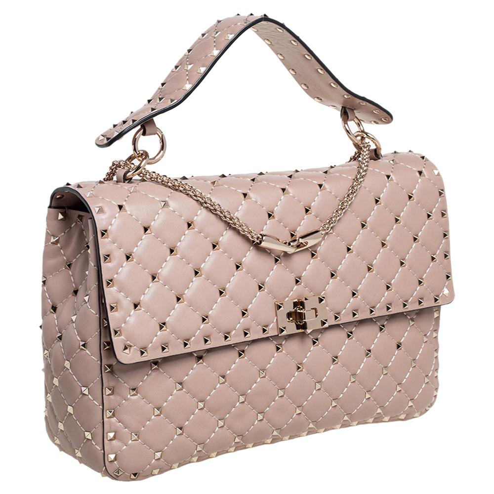 Women's Valentino Beige Leather Large Rockstud Spike Top Handle Bag