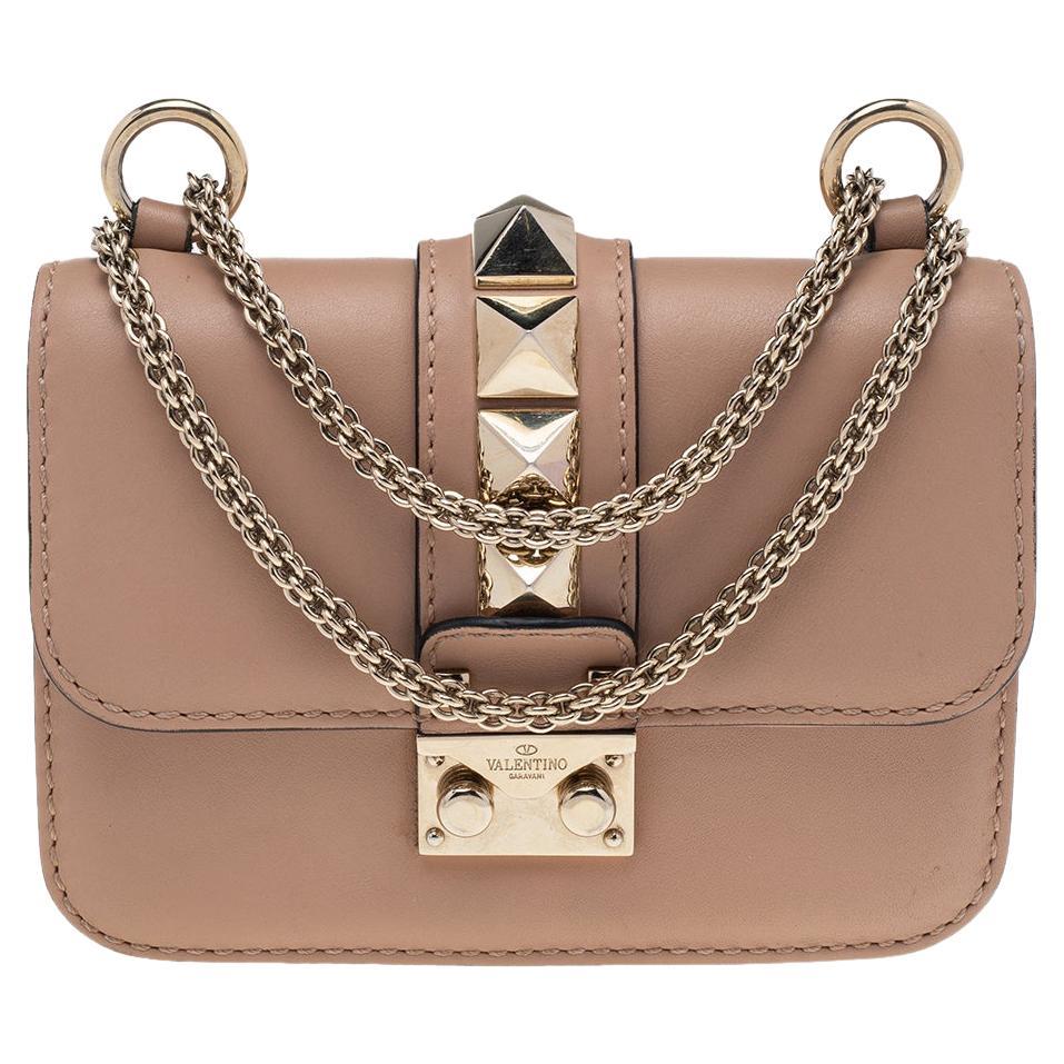 Valentino Beige Leather Mini Rockstud Glam Lock Shoulder Bag