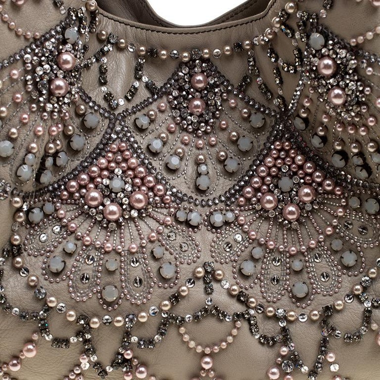 Valentino Beige Leather Pearl Embellished Hobo For Sale at 1stDibs
