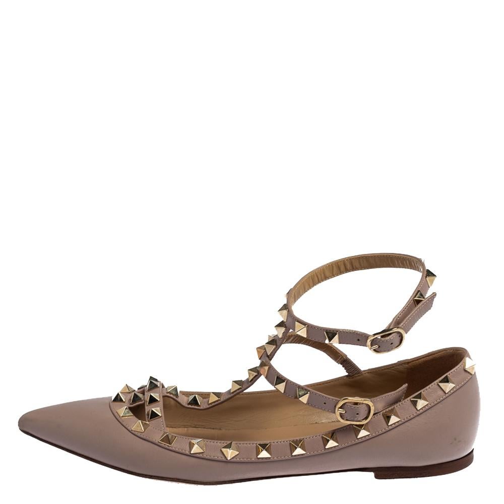 Valentino Beige Leather Rockstud Ankle Strap Ballet Flats Size 38 1