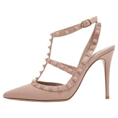 Valentino Beige Leather Rockstud Ankle Strap Pumps Size 37