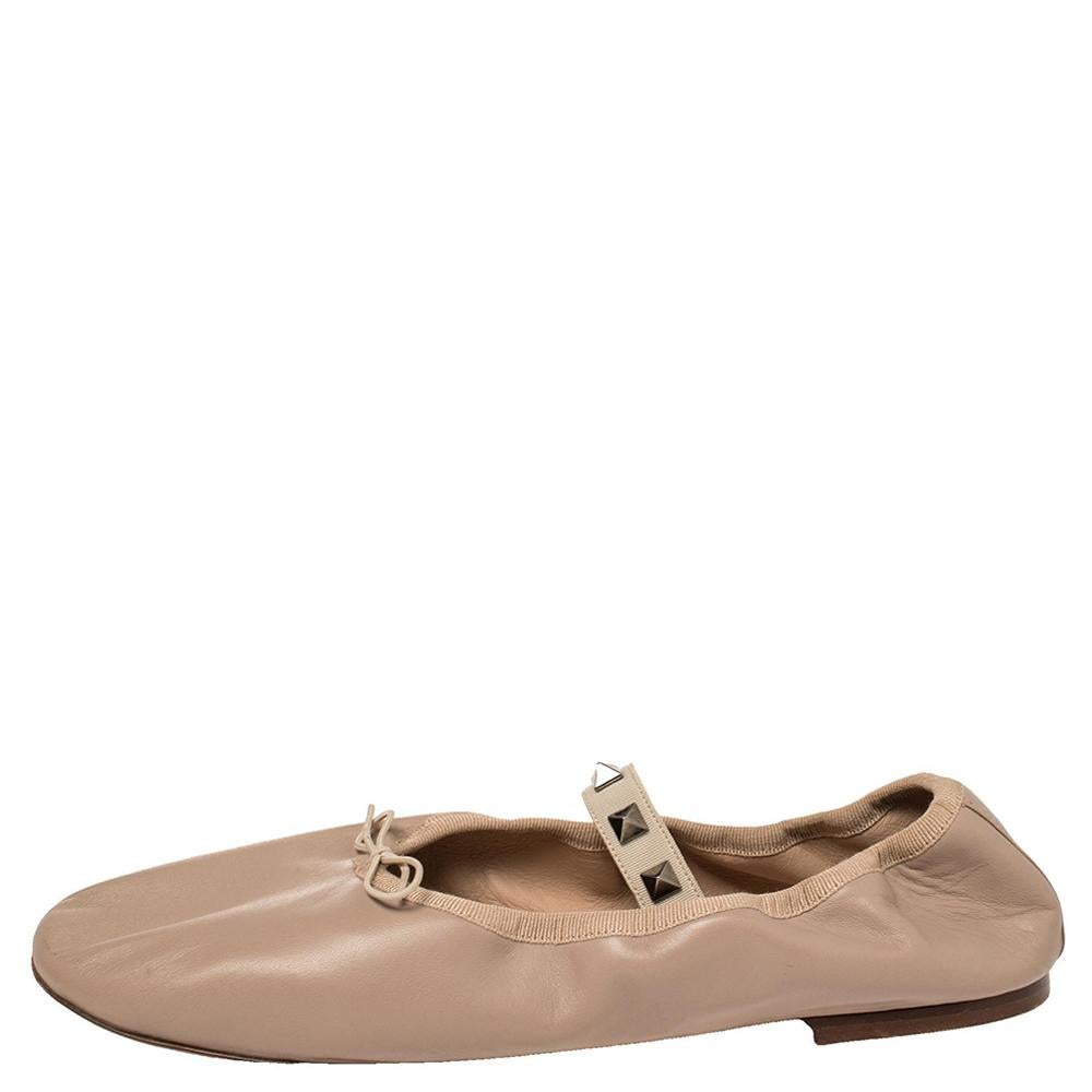 Women's Valentino Beige Leather Rockstud Mary Jane Bow Ballet Flats Size 39