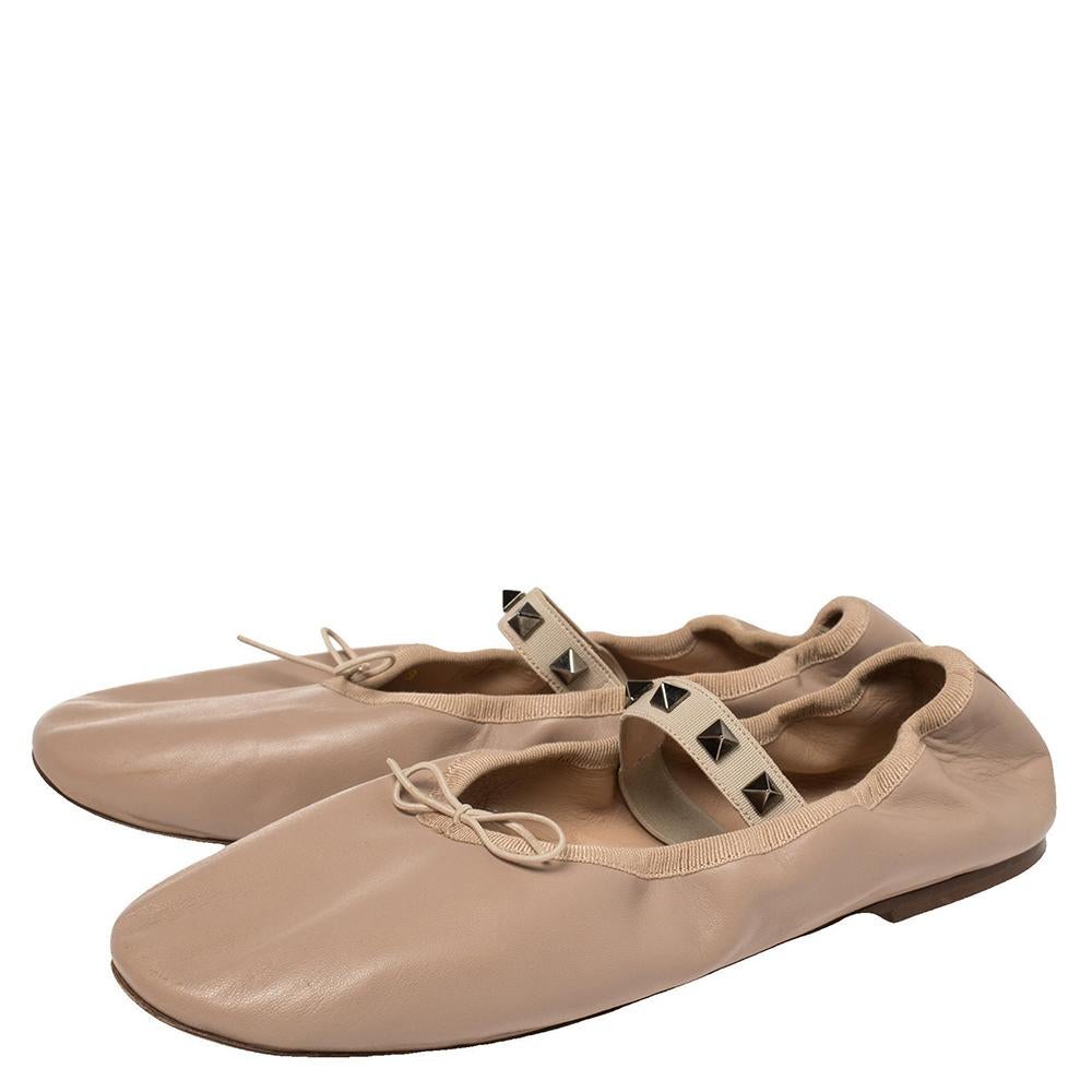 Valentino Beige Leather Rockstud Mary Jane Bow Ballet Flats Size 39 2