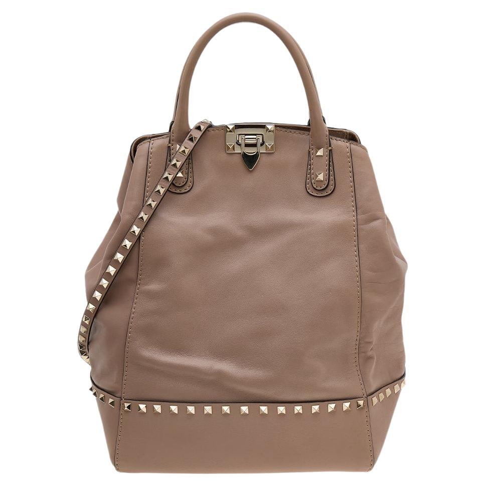 Valentino Beige Leather Rockstud New Dome Bucket Tote