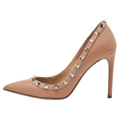 Used Valentino Beige Leather Rockstud Pointed Toe Pumps Size 37