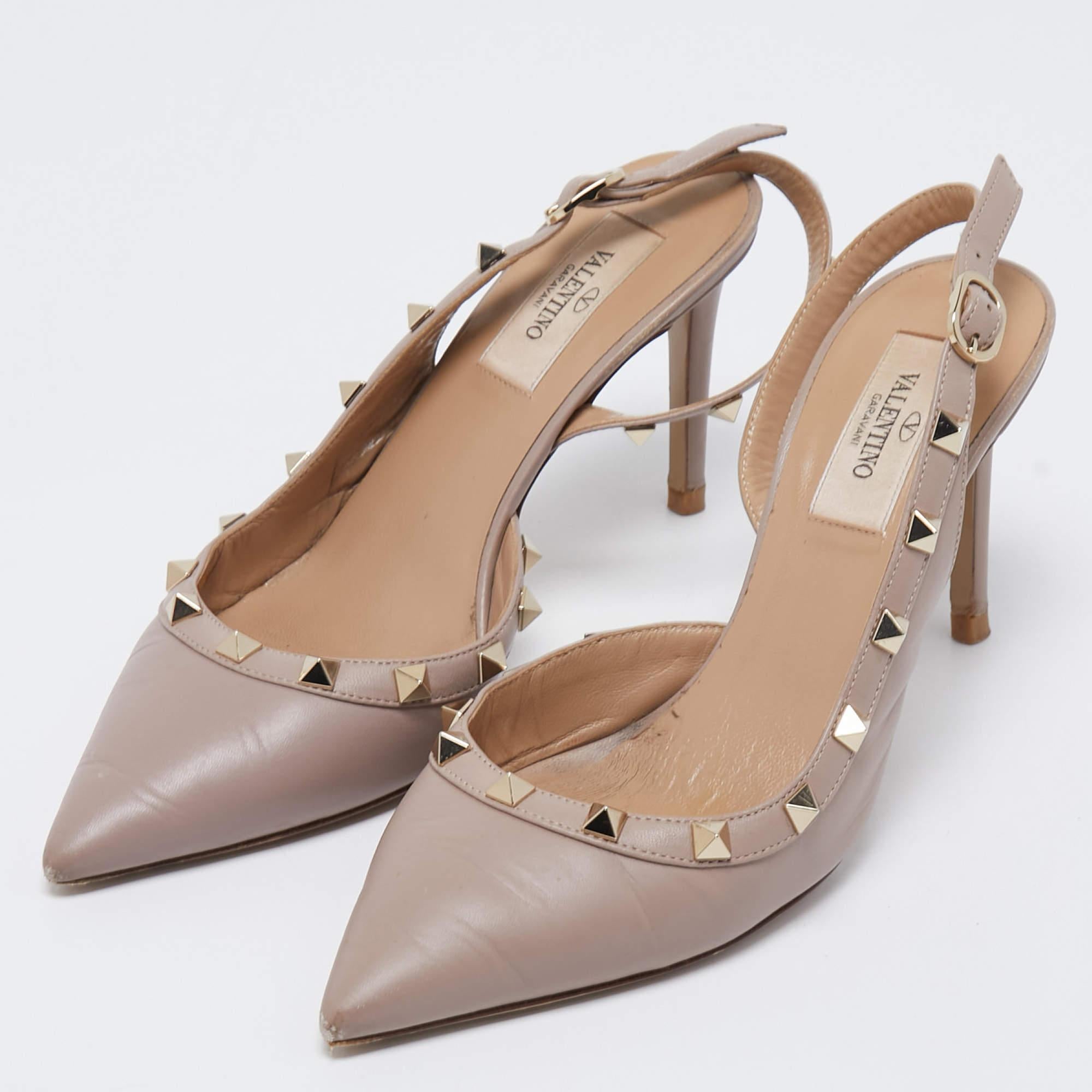 Women's Valentino Beige Leather Rockstud Slingback Pumps Size 37
