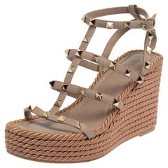 Valentino Beige Leather Rockstud Strappy Wedge Sandals Size 36