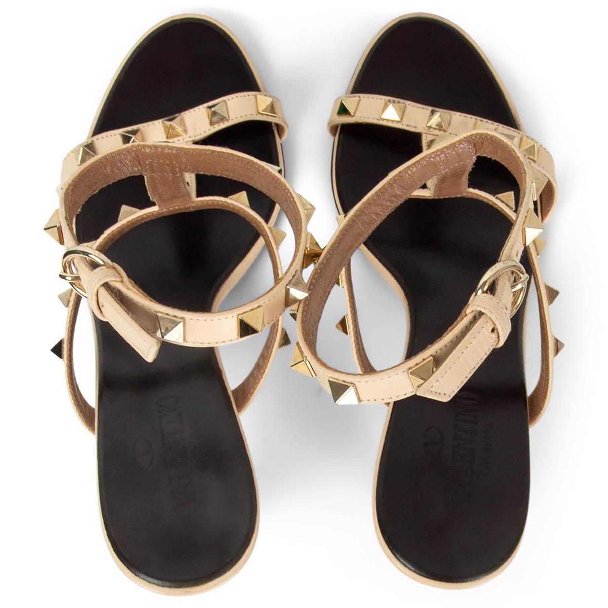 Women's VALENTINO beige leather ROCKSTUD T-STRAP Sandals Shoes 37 For Sale