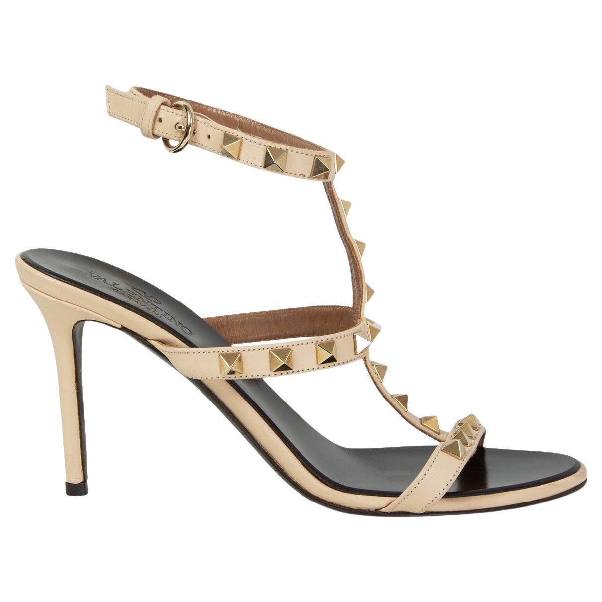 VALENTINO beige leather ROCKSTUD T-STRAP Sandals Shoes 37 For Sale