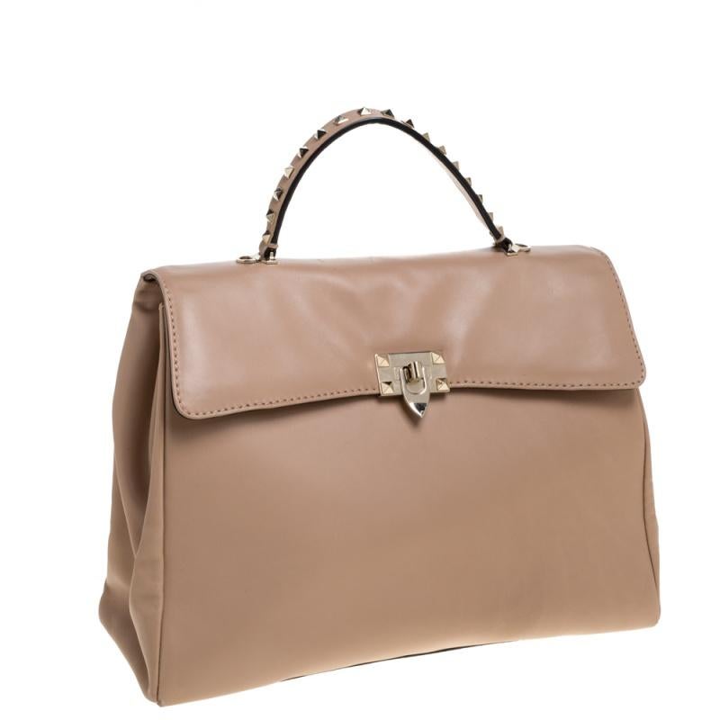 Women's Valentino Beige Leather Rockstud Top Handle Bag
