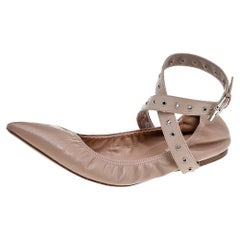Valentino Beige Leather Scrunch Ankle Strap Ballet Flats Size 38