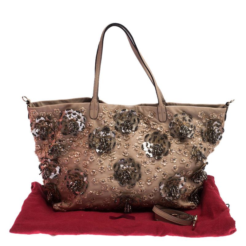 Valentino Beige Leather Sequin Beaded Applique Tote 7