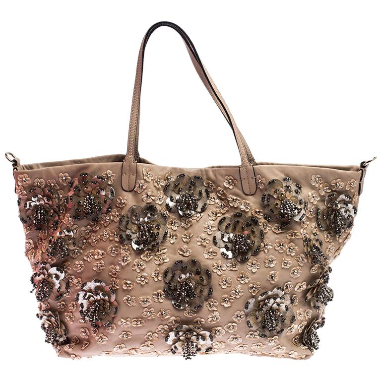 Valentino Beige Leather Sequin Beaded Applique Tote