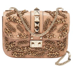 Valentino Beige Leather Small Crystal Embellished Rockstud Glam Lock Flap Bag