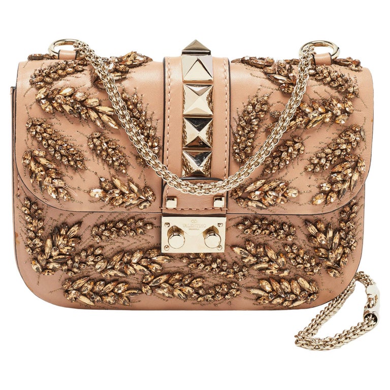 Valentino Beige Leather Small Crystal Embellished Rockstud Glam Lock ...