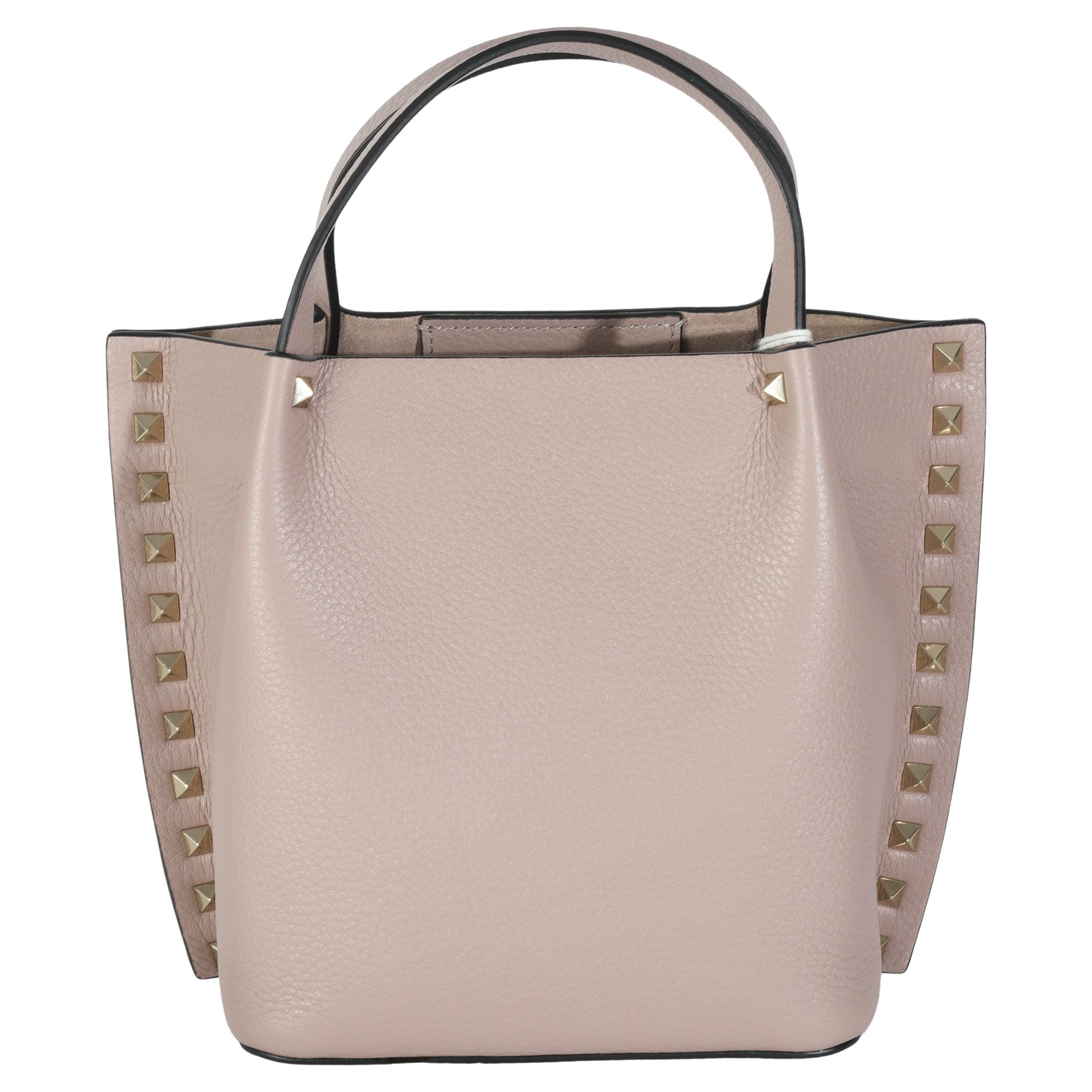 Valentino Beige Leather Small Rockstud Top Handle Tote