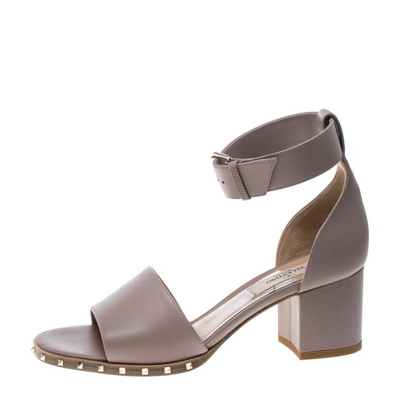 Valentino Beige Leather Soul Rockstud Ankle Strap Block