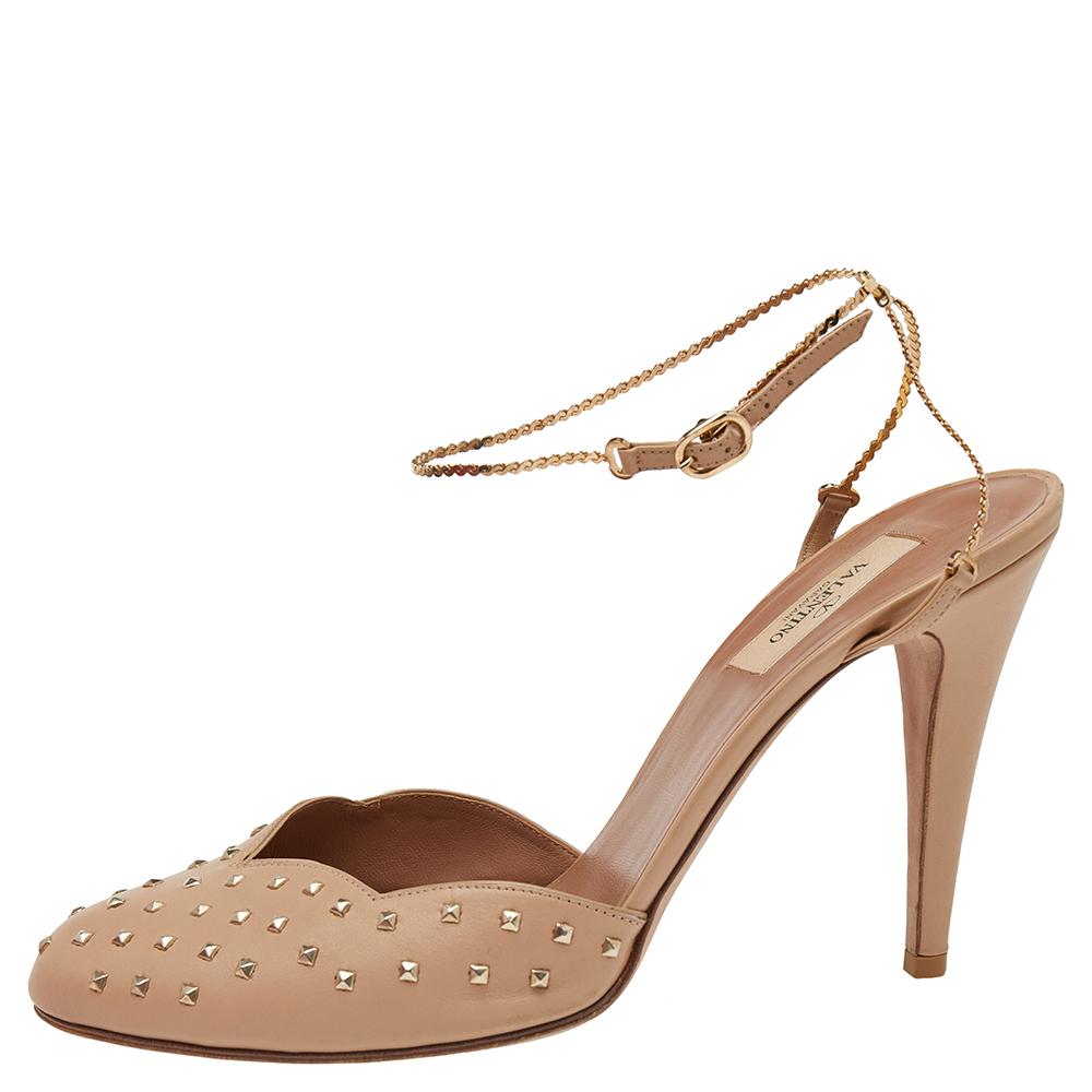 Valentino Beige Leather Studded Chain Ankle Strap Pumps Size 41 1