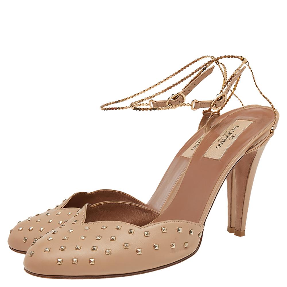 Valentino Beige Leather Studded Chain Ankle Strap Pumps Size 41 4