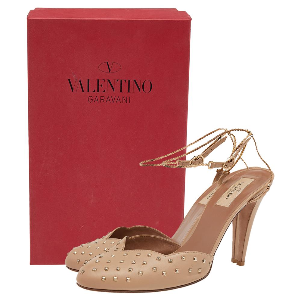 Valentino Beige Leather Studded Chain Ankle Strap Pumps Size 41 5
