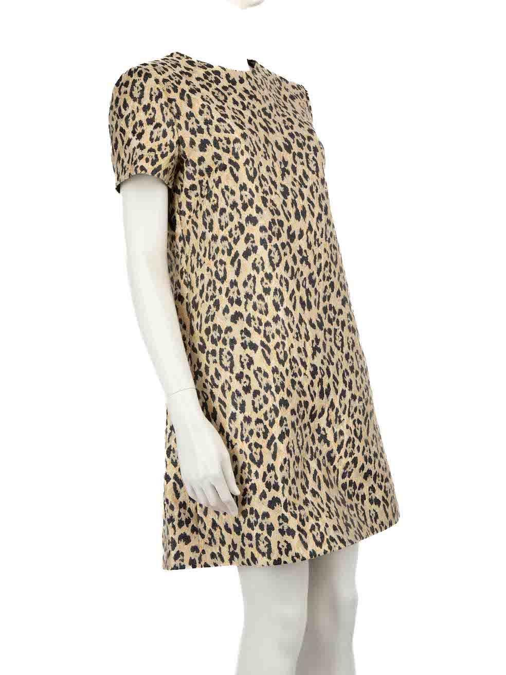 CONDITION is Very good. Hardly any visible wear to dress is evident on this used Valentino designer resale item
 
 
 
 Details
 
 
 Beige
 
 Synthetic
 
 Short sleeves dress
 
 Leopard jacquard pattern
 
 Knee length
 
 Round neckline
 
 Metallic
