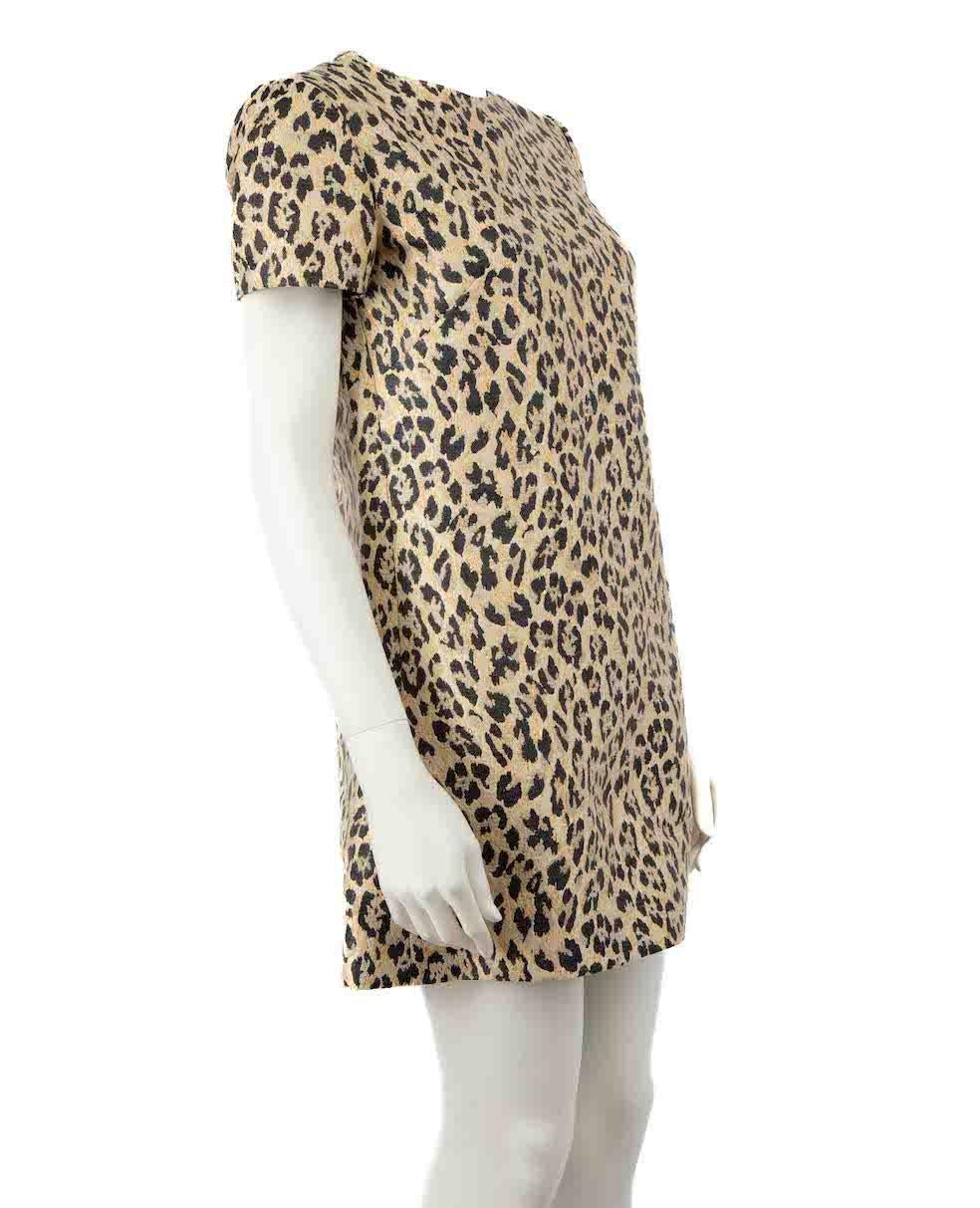 CONDITION is Very good. Hardly any visible wear to dress is evident on this used Valentino designer resale item.
 
 Details
 Beige with gold metallic thread
 Synthetic
 Dress
 Jacquard leopard pattern
 Mini
 Round neck
 Short sleeves
 Back zip