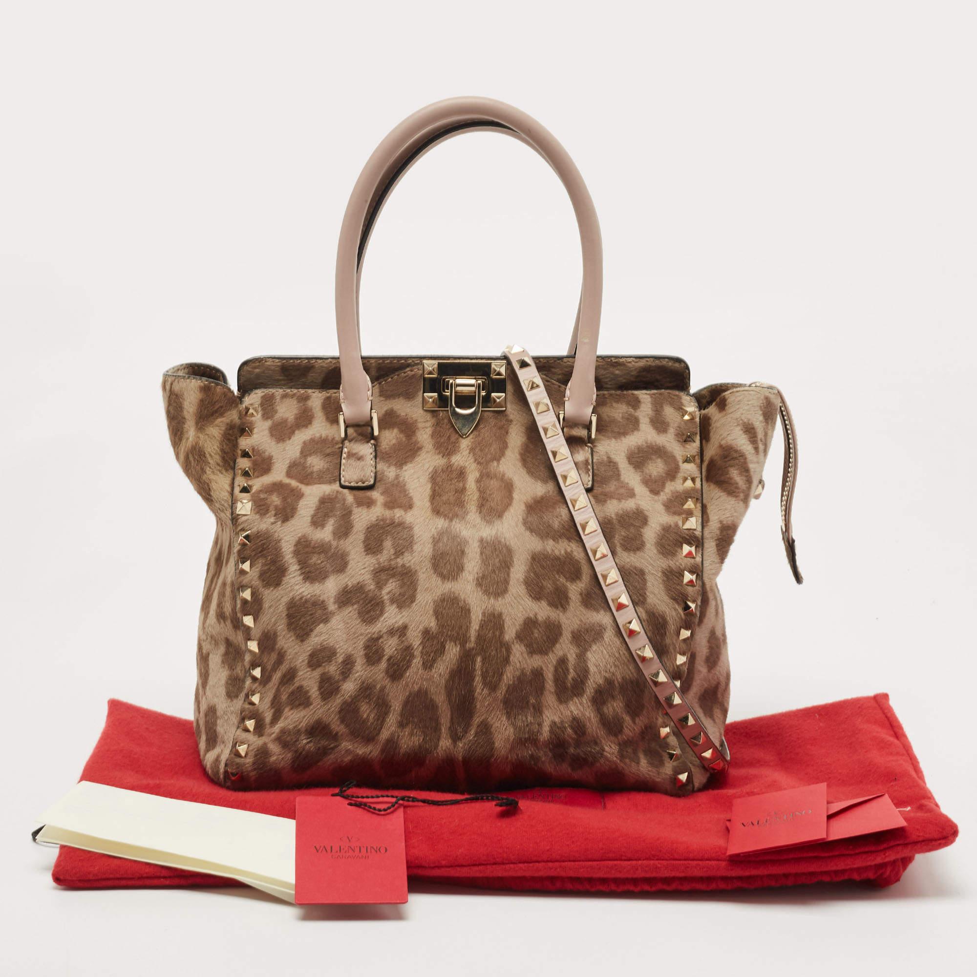 Valentino Beige Leopard Print Calfhair and Leather Small Rockstud Trapeze Tote 15