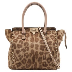 Valentino Beige Leopard Print Calfhair and Leather Small Rockstud Trapeze Tote