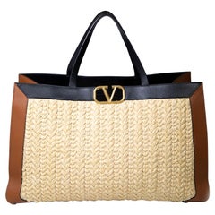 Valentino Beige Medium Vlogo Signature Raffia Tote Bag