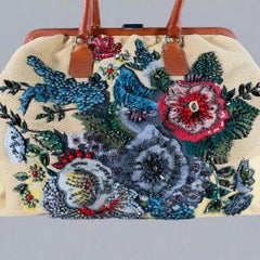 VALENTINO Beige Multi Color Woven Leather Beaded Raffia Handbag