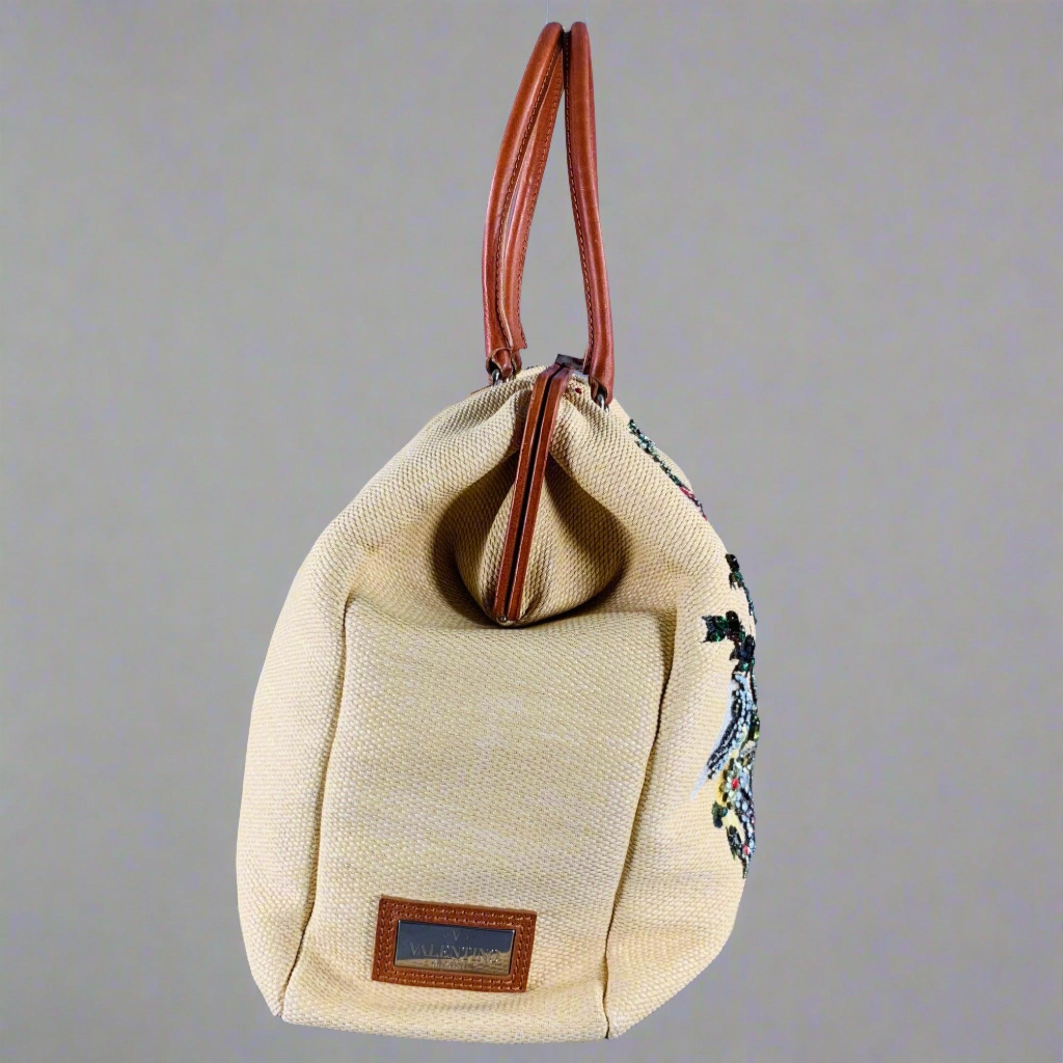 VALENTINO Beige Multi Color Woven Leather Beaded Raffia Handbag For Sale 2