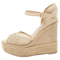 Valentino Beige Net And Leather Wedge Espadrille Sandals Size 37