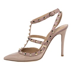 Used Valentino Beige Patent And Leather Rockstud Ankle Strap Sandals Size 39.5