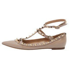 Valentino Beige Patent Leather And Leather Rockstud Ankle Strap Ballet Flats Siz