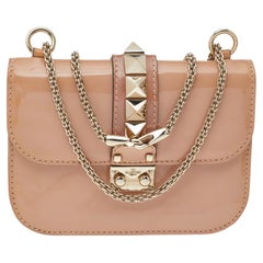Valentino Beige Patent Leather Glam Lock Chain Shoulder Bag