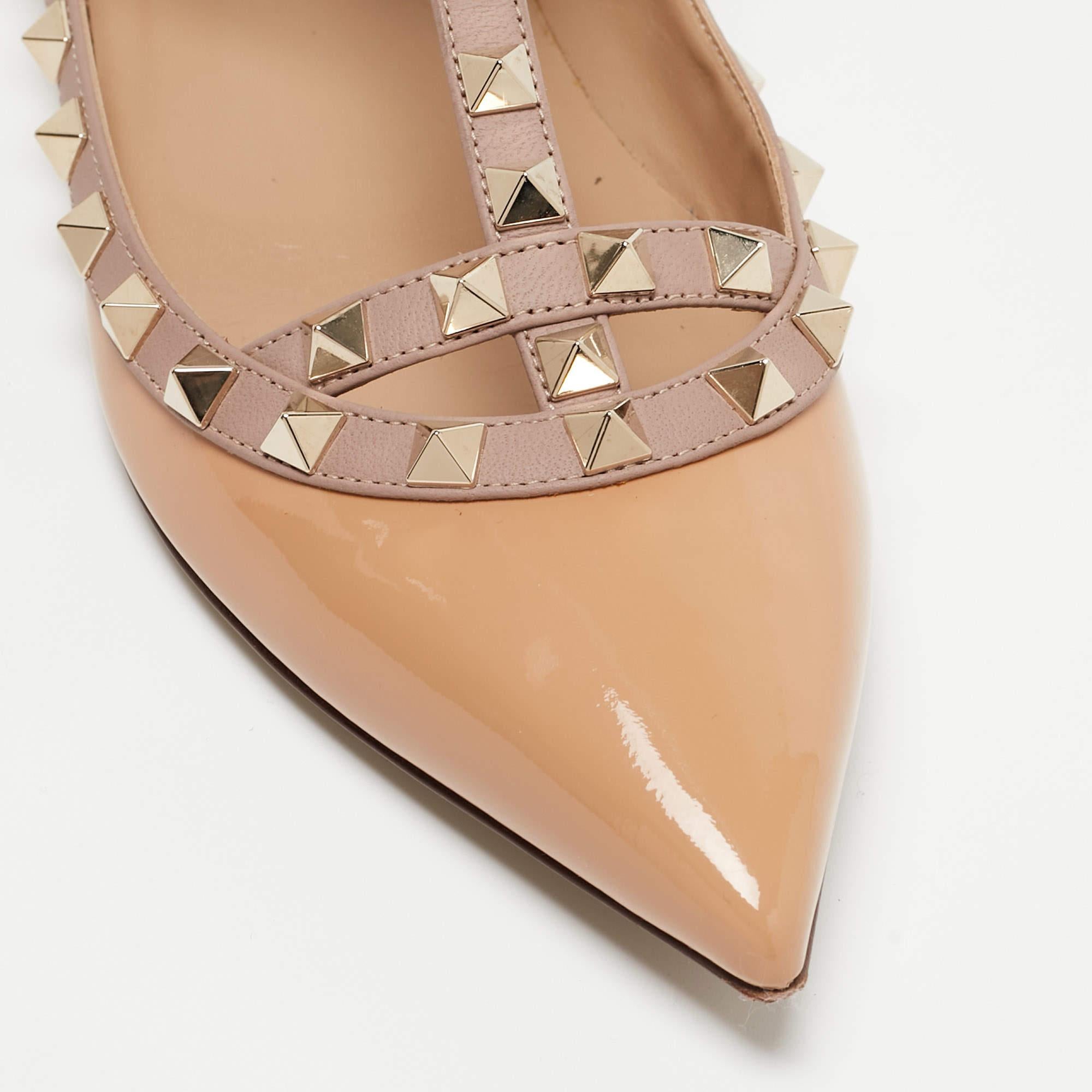 Valentino Beige Patent Leather Rockstud Ankle Strap Ballet Flats Size 37 For Sale 1