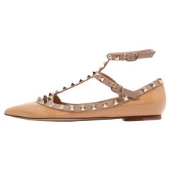 Used Valentino Beige Patent Leather Rockstud Ankle Strap Ballet Flats Size 37