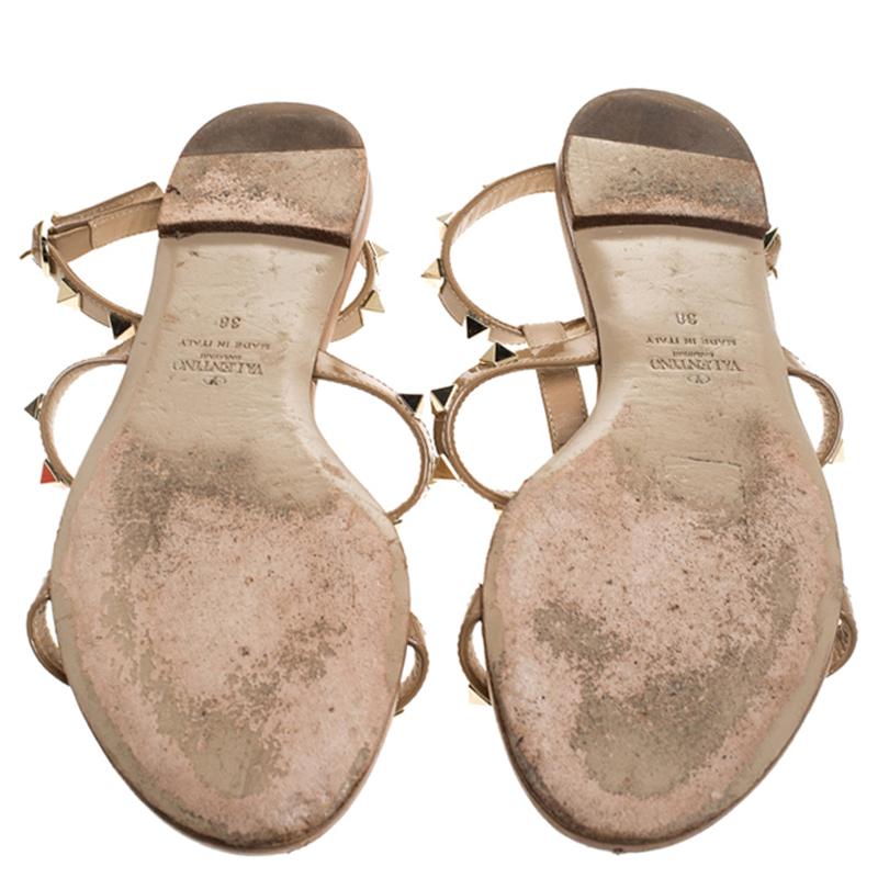 Valentino Beige Patent Leather Rockstud Ankle Strap Flat Sandals Size 38 1