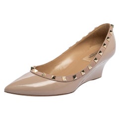 Valentino Beige Patent Leather Rockstud Wedge Pumps Size 39