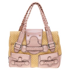 Valentino Beige/Pink Jute And Leather Satchel