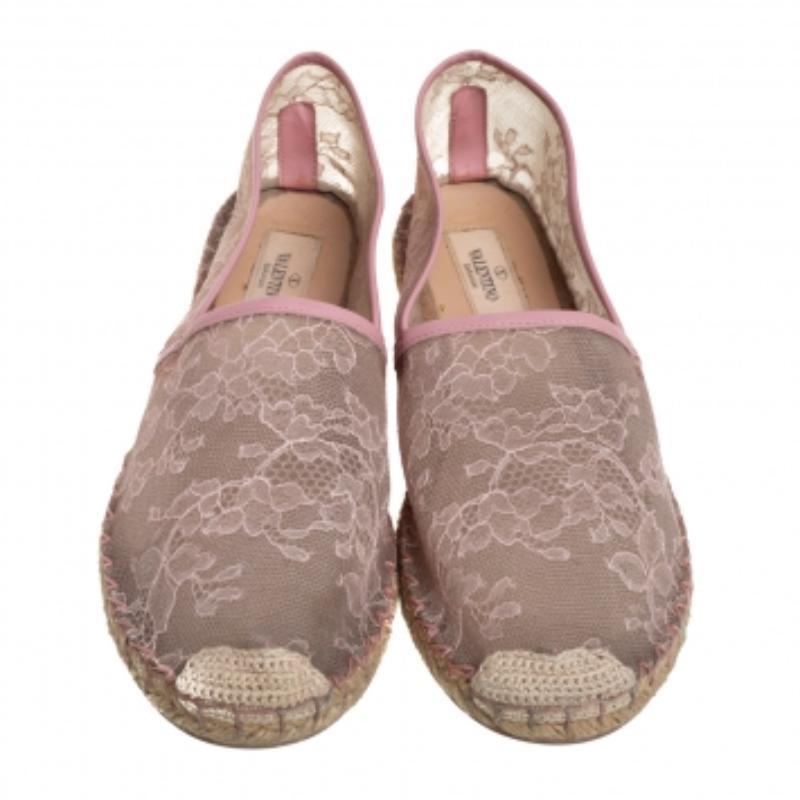 Brown Valentino Beige/Pink Leather And Lace Espadrilles Flats Size 40 For Sale