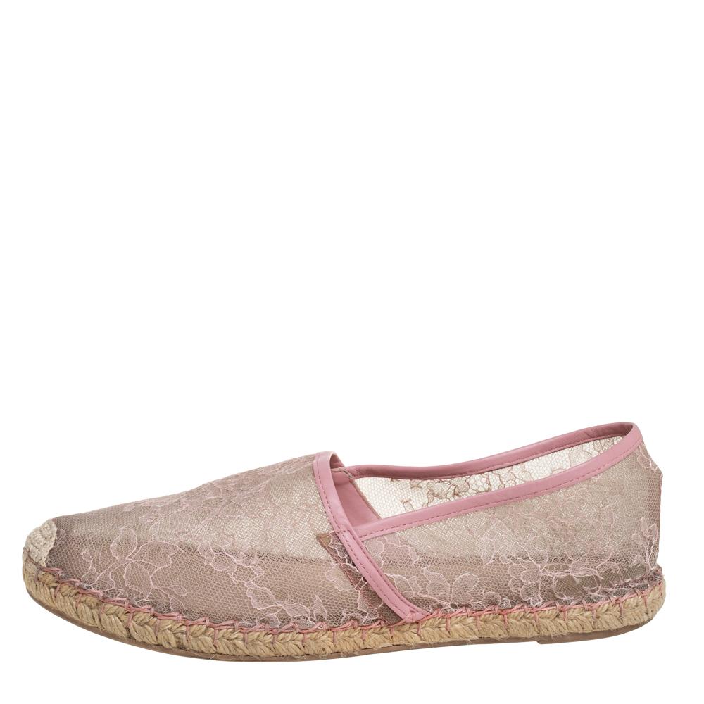 Brown Valentino Beige/Pink Leather And Lace Espadrilles Flats Size 40 For Sale