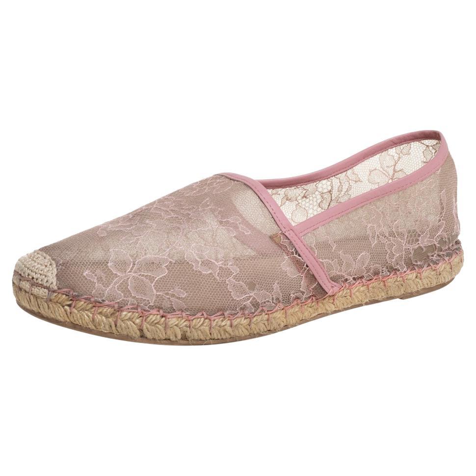 Valentino Beige/Pink Leather And Lace Espadrilles Flats Size 40 For Sale