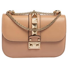 Valentino Beige Poudre Leather Small Rockstud Glam Lock Flap Bag