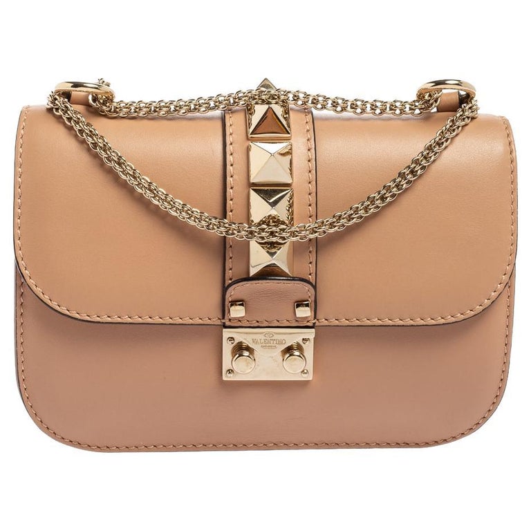 Valentino Beige Poudre Leather Small Rockstud Glam Lock Flap Bag at 1stDibs