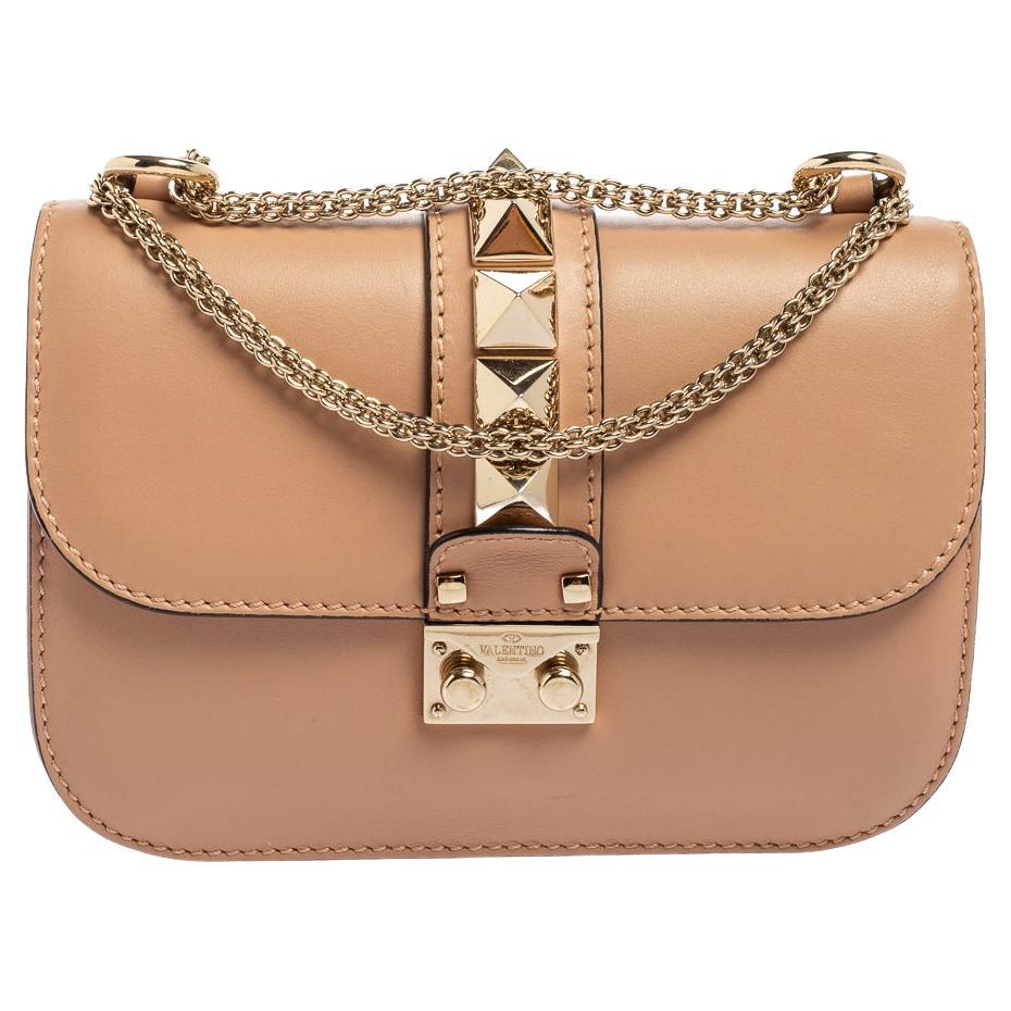 Valentino Beige Poudre Leather Small Rockstud Glam Lock Flap Bag