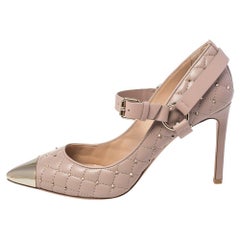Valentino Beige Quilted Leather Rockstud Spike Mary Jane Pumps Size 38.5