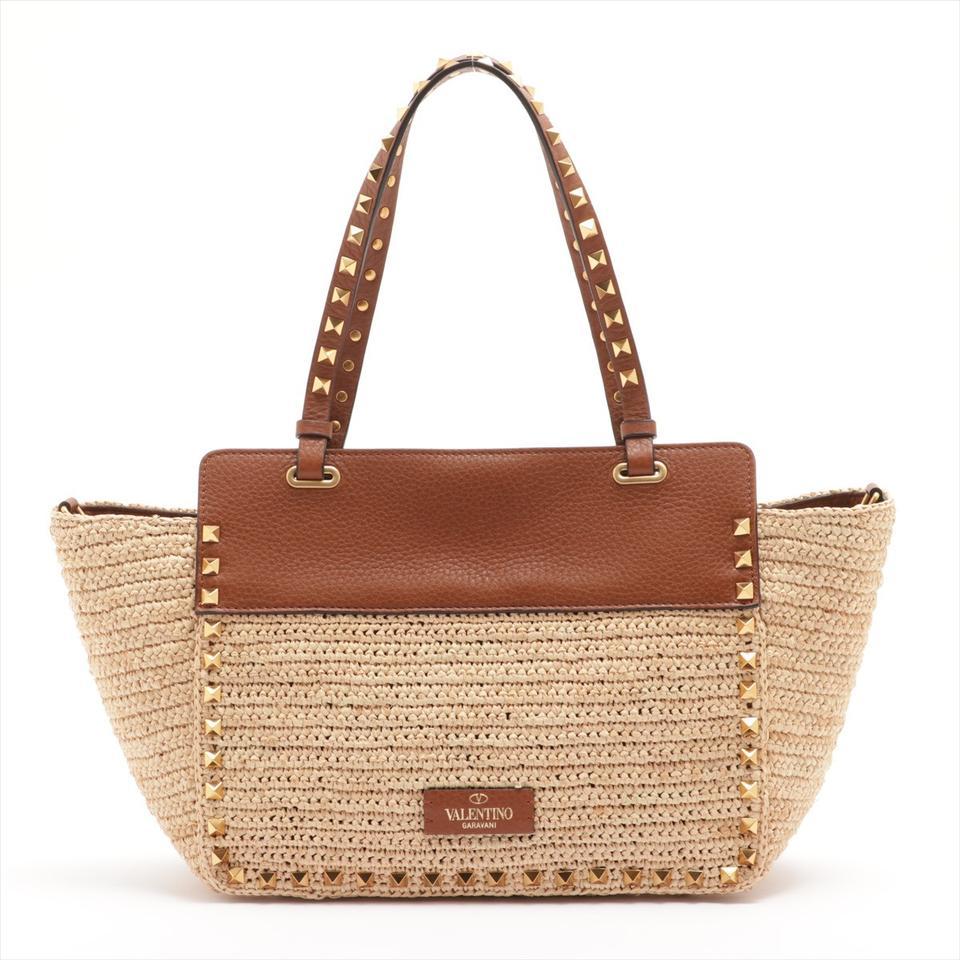 Women's Valentino Beige Raffia Rockstud Studded 2way Oonvertible Tote with Strap 2val917