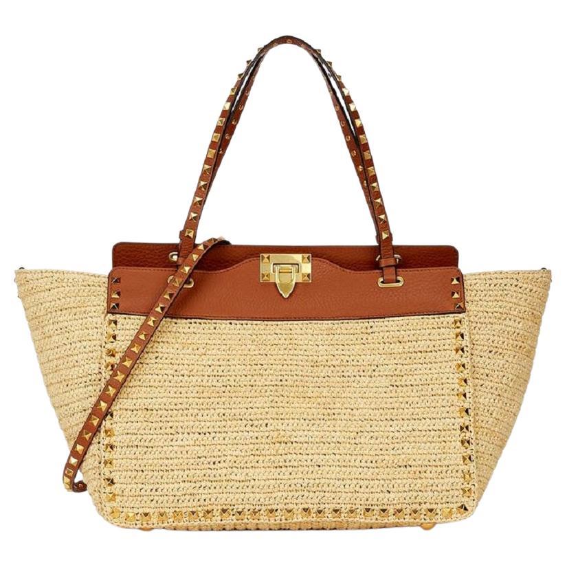 Valentino Beige Raffia Rockstud Studded 2way Oonvertible Tote with Strap 2val917