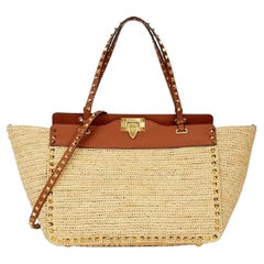 Vintage Valentino Beige Raffia Rockstud Studded 2way Oonvertible Tote with Strap 2val917